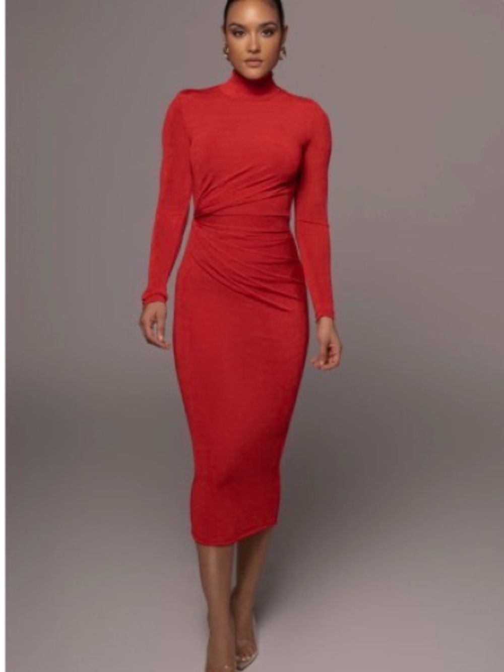 Club London *Worn Once* Red Long-Sleeve Midi Dress with Twist Detail